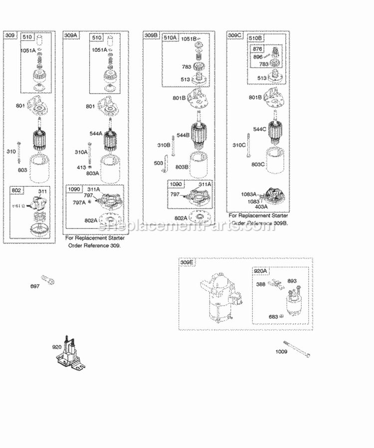 Electric Starters Diagram and Parts List for  Briggs and Stratton Engine